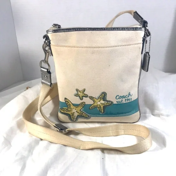 Coach Beach Cream and Blue Starfish Canvas & Silver Leather accent Crossbody Bag - Picture 1 of 6